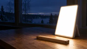 En omärkt rektangulär ljusterapilampa lyser starkt på ett träskrivbord med en tumstock utan läsbara siffror framför, och ett mörkt vinterfönster bakom