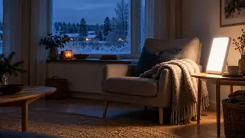 Ett tyst vardagsrumshörn en mörk vintermorgon där en omärkt ljusterapilampa på ett sidobord lyser upp en fåtölj med en ullfilt, med frost på fönstret