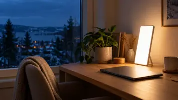 En smal omärkt ljusterapilampa på ett litet stöd lyser på ett hemmakontorsskrivbord bredvid en stängd laptop och en växt, en mörkblå vintereftermiddag