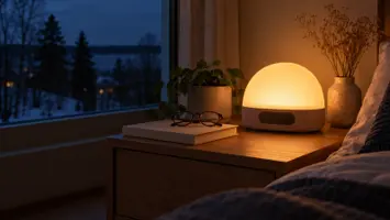 Ett nattduksbord en vinternatt med en omärkt kupolformad väckarklocka som lyser svagt bärnstensgult, bredvid en bok och ett par läsglasögon