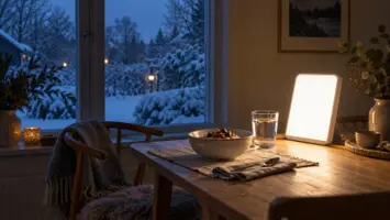 En liten omärkt ljusterapilampa lyser på ett frukostbord bredvid en skål gröt och ett glas vatten, med en snötäckt trädgård i blått morgonmörker utanför