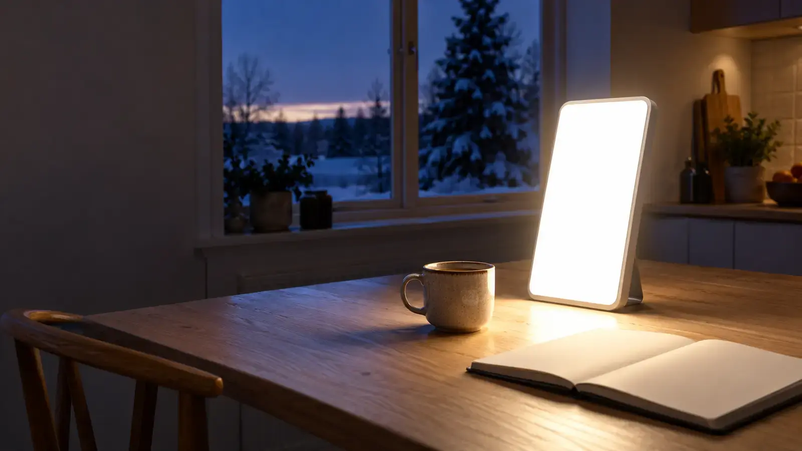 En smal omärkt ljusterapilampa lyser kallvitt på ett ljust köksbord av ek före soluppgången, bredvid en kaffekopp och ett anteckningsblock, med blått gryningsmörker och snö utanför fönstret