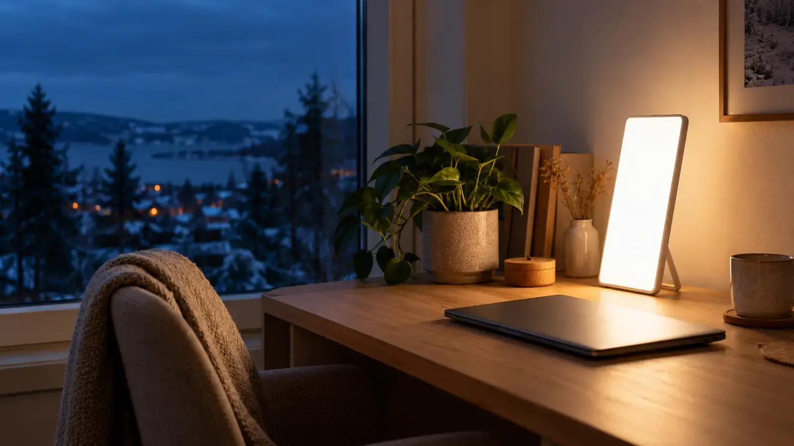 En smal omärkt ljusterapilampa på ett litet stöd lyser på ett hemmakontorsskrivbord bredvid en stängd laptop och en växt, en mörkblå vintereftermiddag