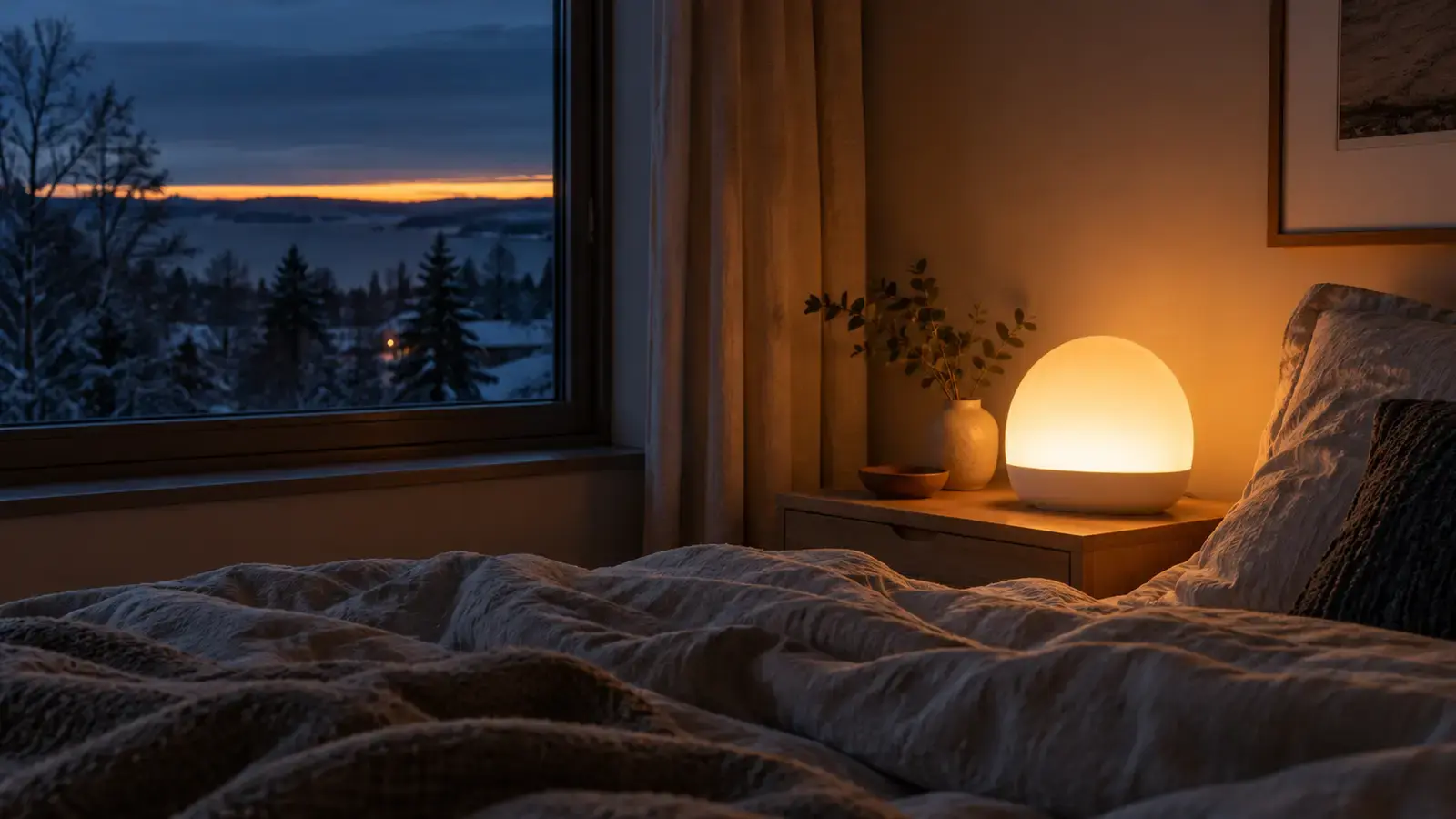 Ett sovrum före gryningen med en omärkt kupolformad väckningslampa som lyser i varmt soluppgångsljus på nattduksbordet, och en tunn strimma gryning över horisonten